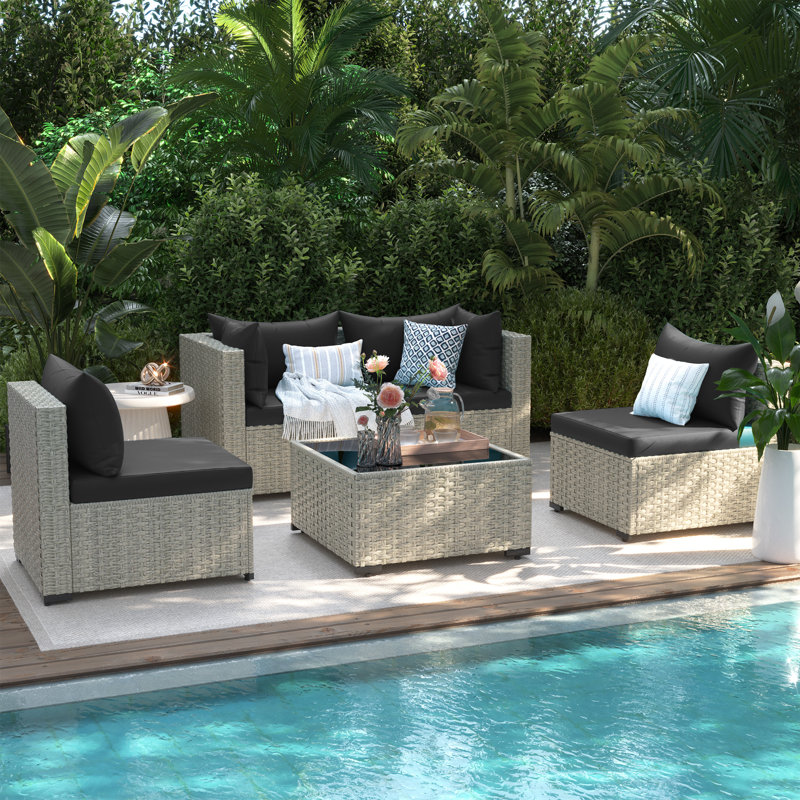 5 Pieces Rattan Patio Conversation Sets With Cushions, Black