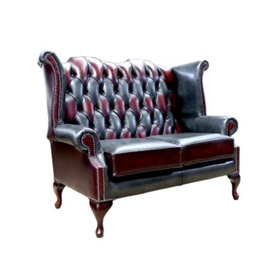 Chesterfield 2 Seater Antique Devil Patchwork Leather Queen Anne High Back Wing Sofa