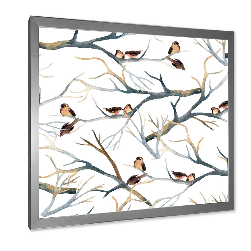 «Little Birds on the Tree Branches I», peinture sur toile, Cadre argenté, H 30 po x l 30 po x P 1 po