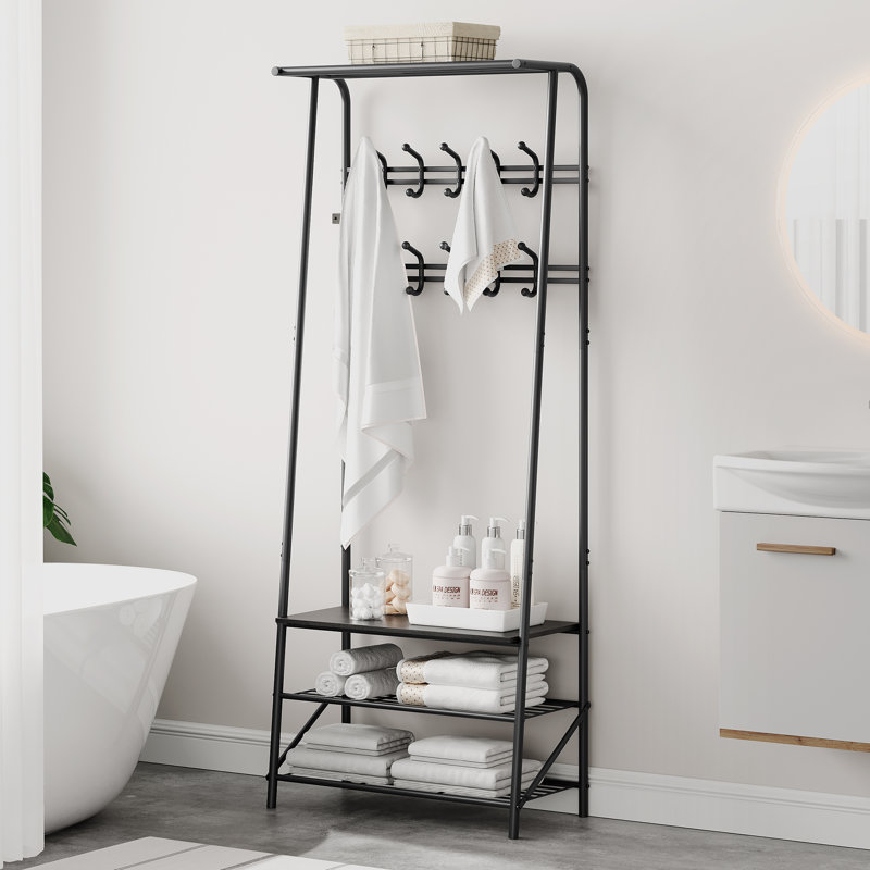 Corner Hall Tree with Shoe Bench in Wood - 71-Inch Entryway Coat Rack with 10 Hooks and Storage Shelves for Mudroom or Entry Area