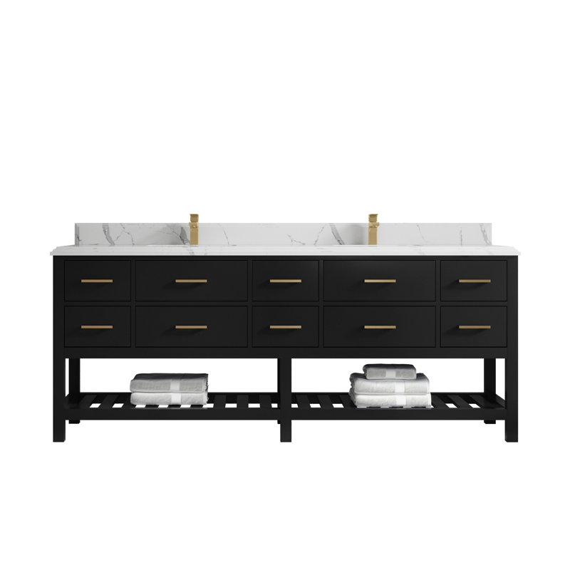 Canapé 84 po Parker X P 22 po Meuble-lavabo double D noir avec quartz Cove Edge, Calacatta Laza