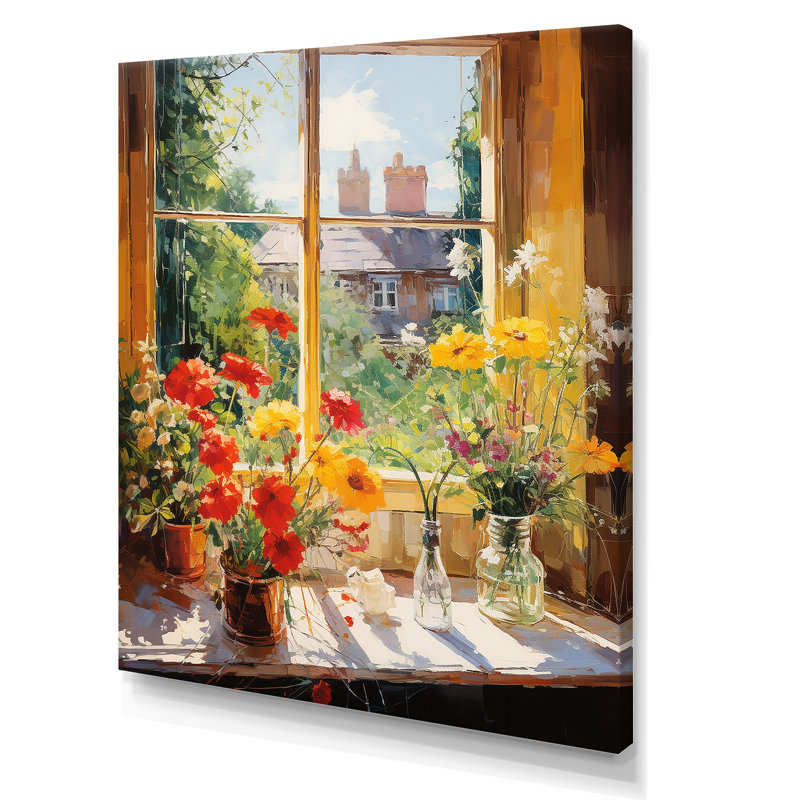 Summer Flowers Window View At The Farm III - Floral Window Wall Art, 32" H x 24" W x 1" D, Wrapped Canvas
