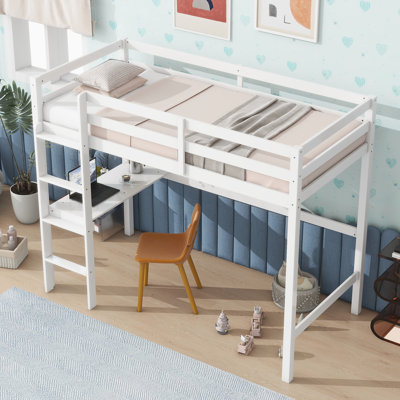 Lit simple mezzanine haut, lit mezzanine en bois d'hévéa avec barrière de sécurité, bureau intégré, échelle, gris