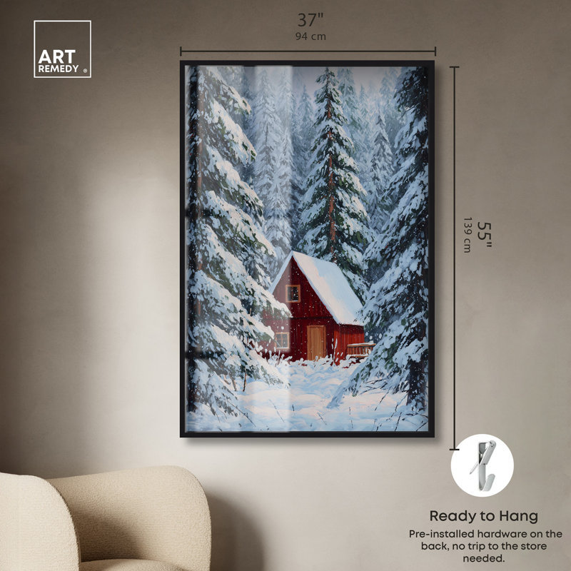 Décoration de Noël rouge Cabin dans la neige Shadowbox par Art Remedy, cadre noir, 11 x 16, H 55 po x l 37 po