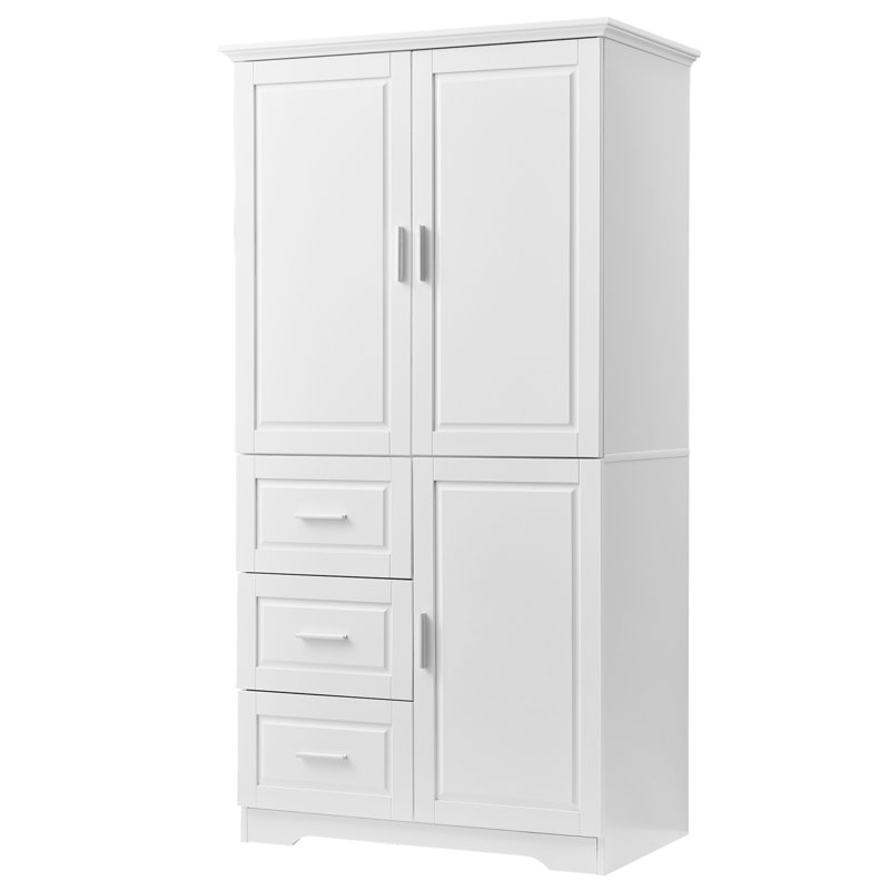 Tall And Wide Storage Cabinet With 3 Drawers For Bathroom Or Office, White