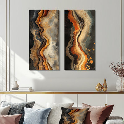 «Brown Crystal Stone and Wooden River - Stone Geode», art mural 2 pièces