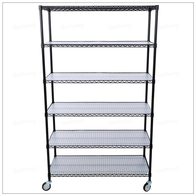 Étagère à 6 niveaux en métal robuste avec tablettes et roues réglables pour des solutions de rangement polyvalentes