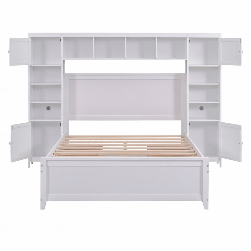 Lit plateforme double avec tête de lit bibliothèque et 4 tiroirs sous le lit - Lit de rangement en bois de pin massif