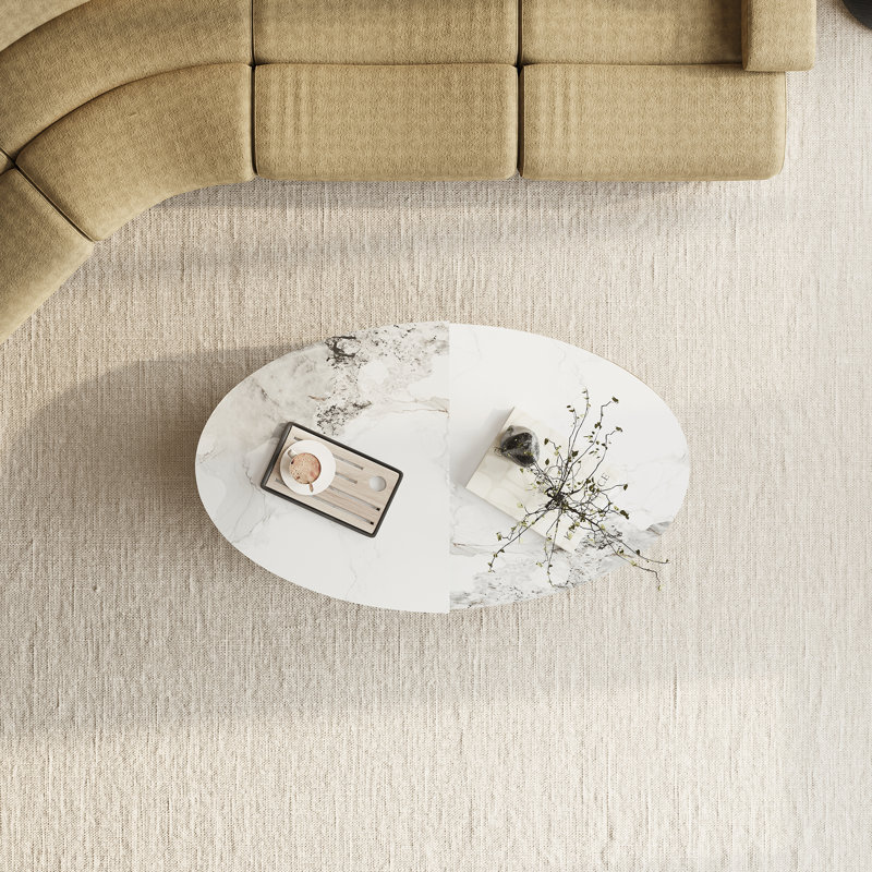 51" Oval Coffee Table: Modern Luxury Sintered Stone Top & Metal Base, Two-Tone Durable Design