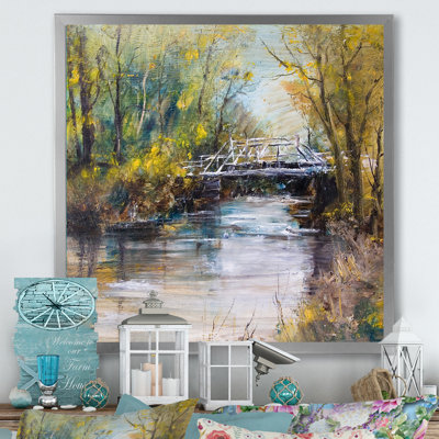 Pont blanc sur une rivière d'été - art mural traditionnel sur toile