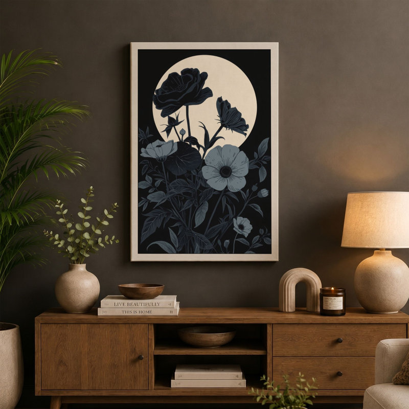 Moonlit Garden Silhouette Botanical - Wrapped Canvas, 24x16 - 61.0 x 40.6 cm, Black Border