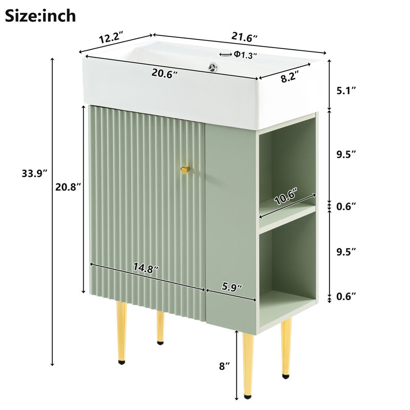 Armoire de salle de bain 21,6 po avec lavabo en céramique et grand meuble-lavabo ergonomique 21,6 po, Vert