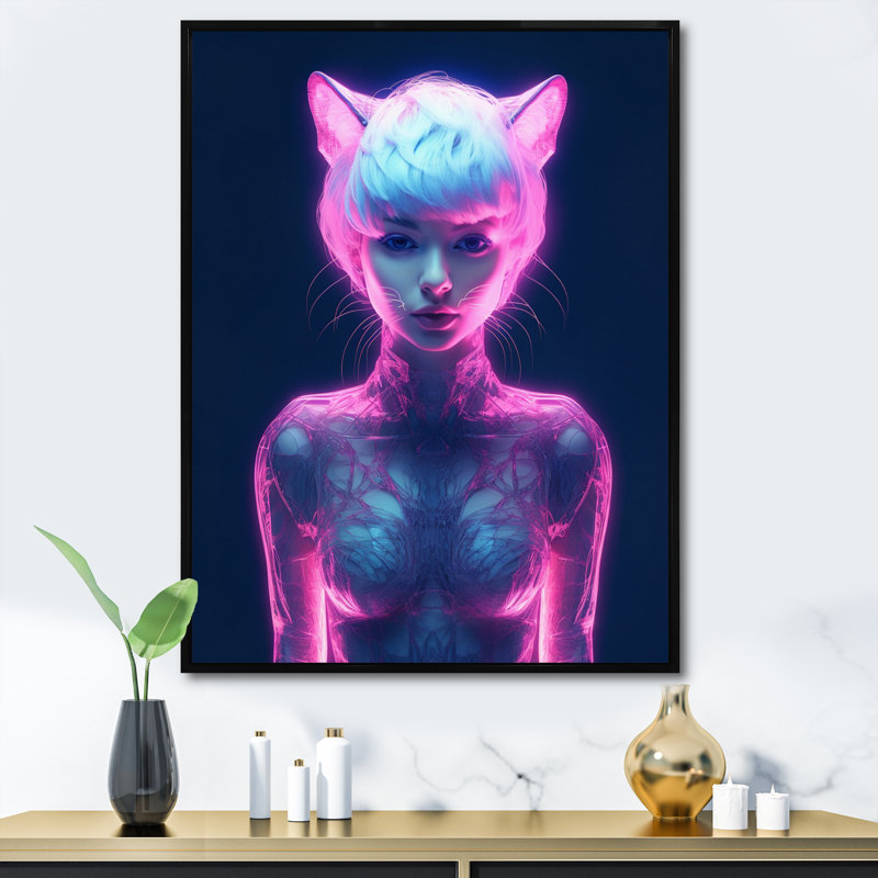 Catgirl in Neon I - reproduction sur toile, H 20 po x l 12 po x P 1 po, Cadre flottant noir