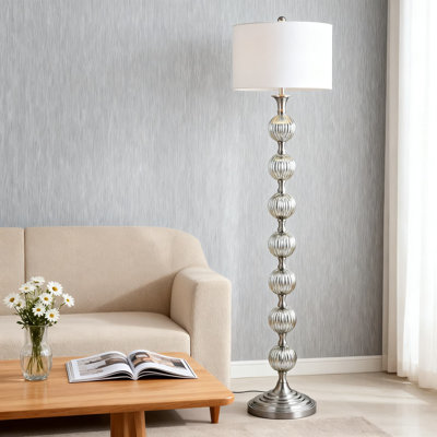 60.5-Inch Modern Floor Lamp With Led Bulbs, Fluted Glass Ball Base And Drum Shade For Living Room, Office, Bedroom