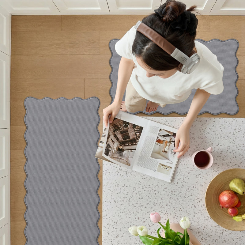 Tapis de cuisine festonnés anti-fatigue, Rectangle 17.3"x30" + 17.3"x47", Grey