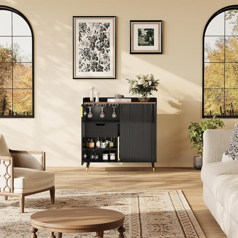 Wine Bar Cabinet with Fluted Glass Doors, Small Sideboard with Wine Rack for Dining & Living Room, Black