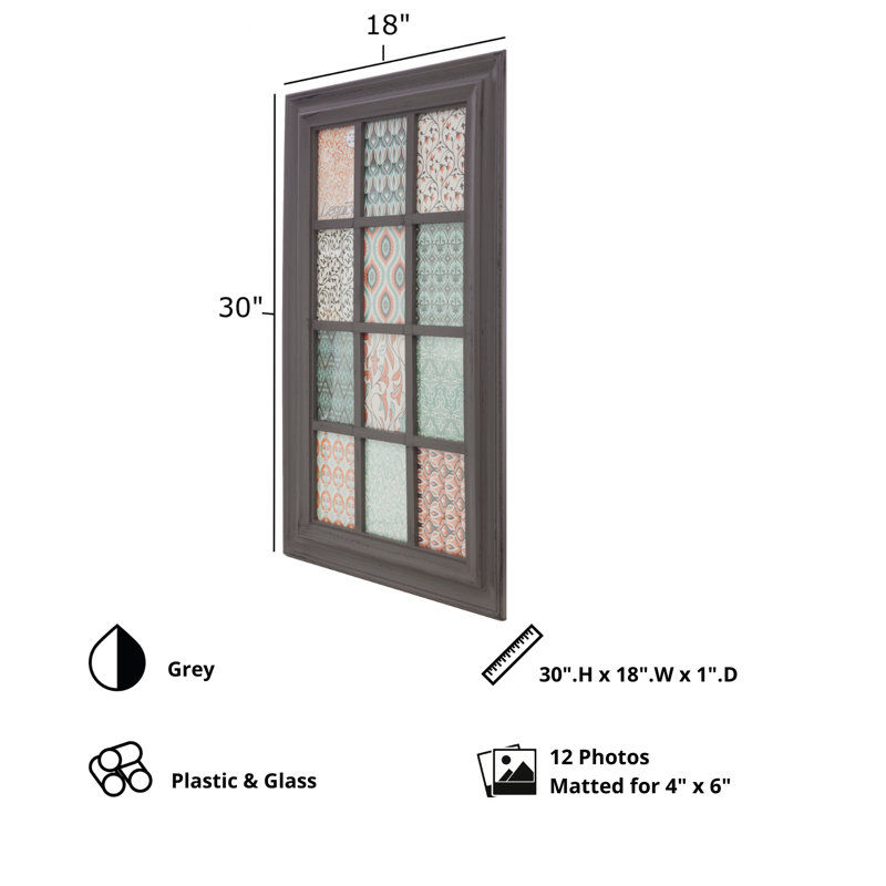 Kiera Grace Alice Collage Ayon Frame, Durable Picture Frame with 12 Frames, Holds Twelve 4" x 6" Photos, Wall Mount Photo Frame, Distressed Rustic Country Window Design, 18" x 30"