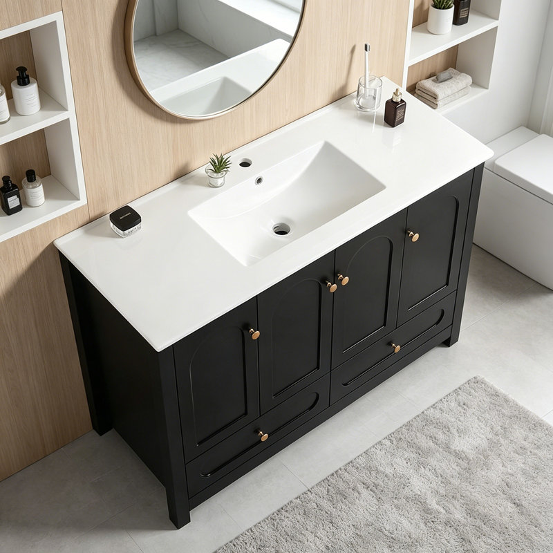 Ensemble de meuble-lavabo avec lavabo en résine, 4 portes à fermeture douce et 2 tiroirs, Noir