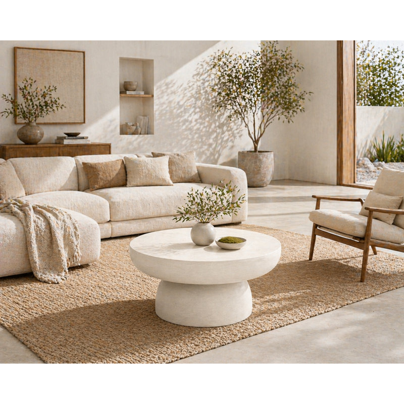 28'' Cream-Colored Sculptural Magnesium Oxide Coffee Table, Suitable For Both Indoor And Outdoor Use., Cream