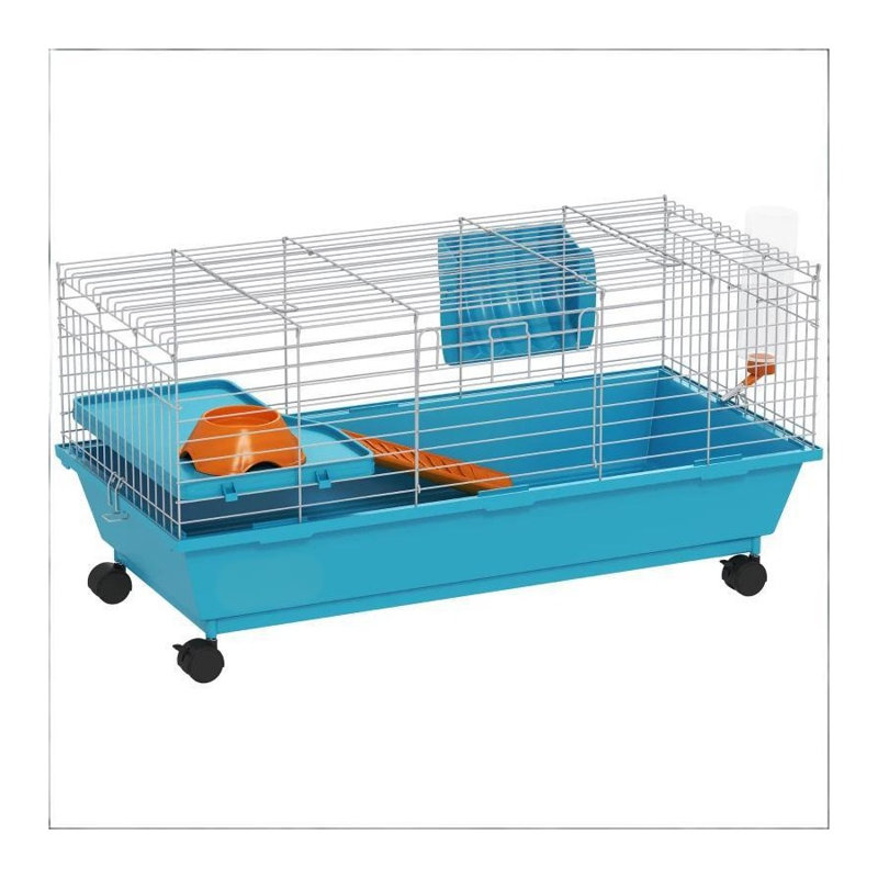 Cage mobile pour petits animaux avec dessus ouvrable et porte avant pour lapins et hamsters, acier bleu et polypropylène