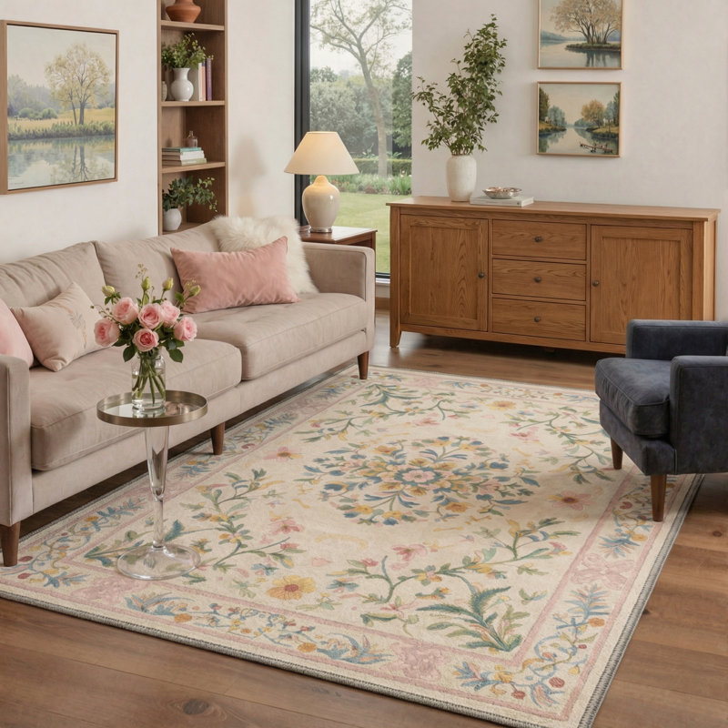 Tapis vintage à motifs floraux botaniques, lavable à la machine, vert ivoire, rose poudré, antidérapant, pour salon ou chambre.