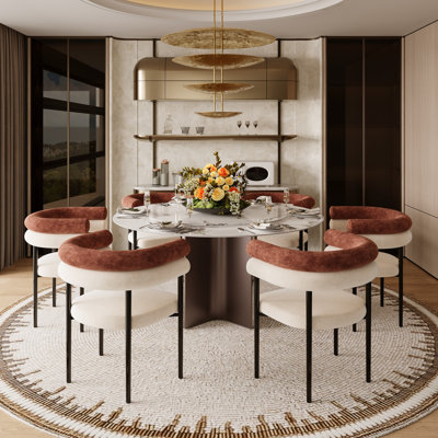 Ensemble de table de salle à manger 7 pièces avec 6 chaises, table ronde moderne en pierre frittée de 51 po avec plateau tournant