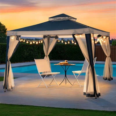 Sunjoy 10 x 10 ft. Soft Top Gazebo, Outdoor Patio Backyard Modern 2-Tier Steel Frame Gazebo with Mesh Netting