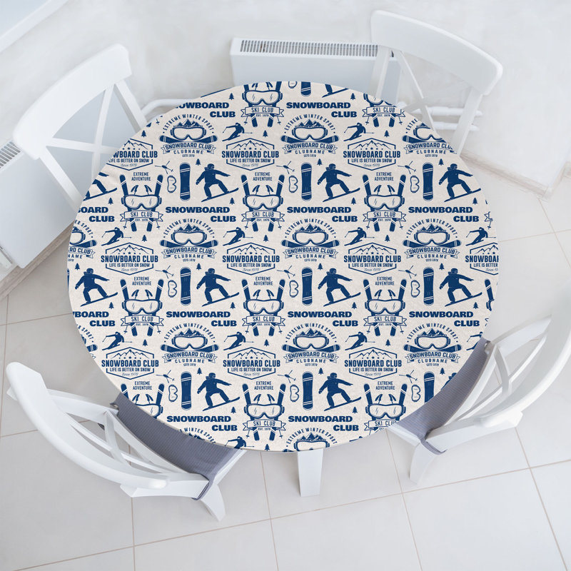 Highland Dunes Ski Pattern Fitted Round Tablecloth Eggshell and Dark Sky Blue, 47.24" Round