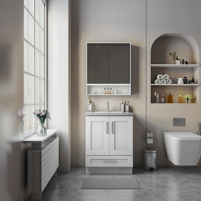 Armoire de salle de bain en bois massif prêt à assembler avec comptoir Shaker - comptoir non inclus, Blanc