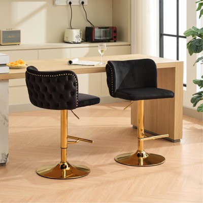 Pivotant en velours noir, base dorée, siège et dossier ergonomiques, hauteur réglable, 2 pièces pour bistro 2 places, revêtement, siège de 25 à 33 pouces, support de taille plaqué or, cuisine escamotable faite à la main