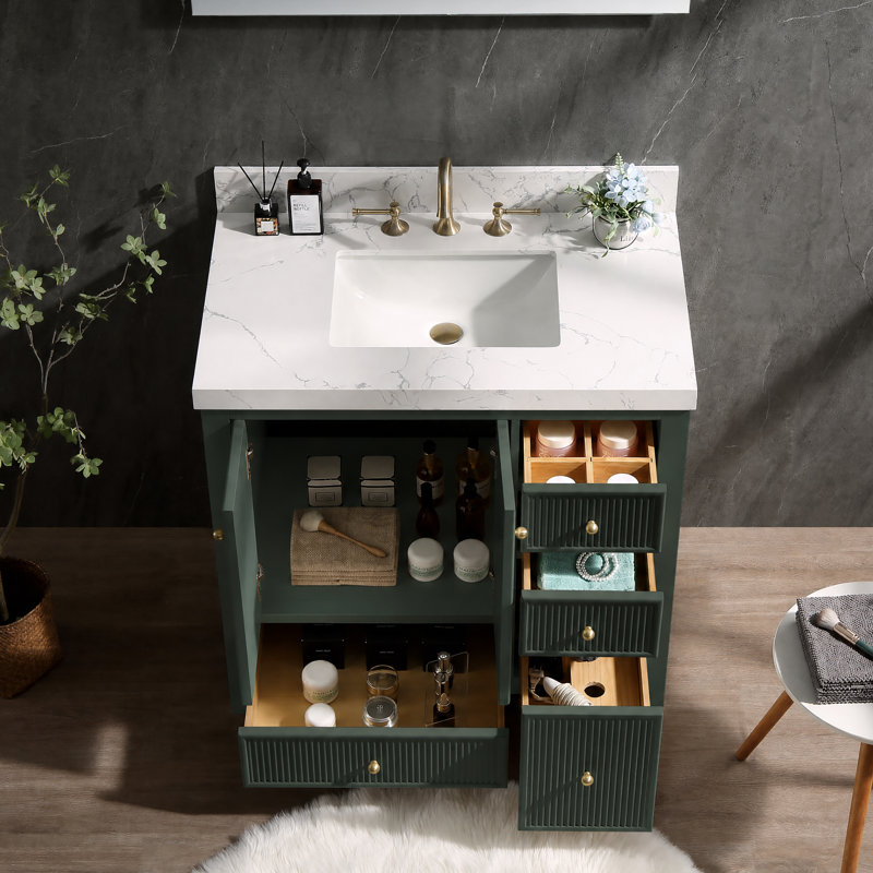 Meuble-lavabo Corena de 91 cm en chêne massif avec comptoir en marbre reconstitué, 4 tiroirs à fermeture amortie et lavabo encastré.