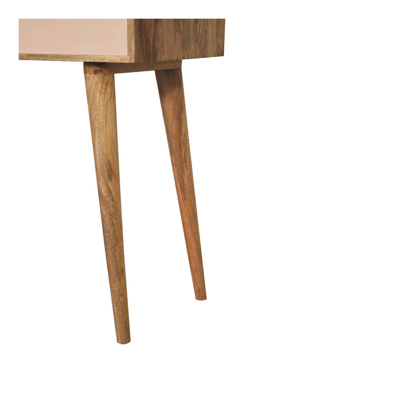 Mini coiffeuse rose en bois massif, 4 compartiments, pieds nordiques, rose et brun clair