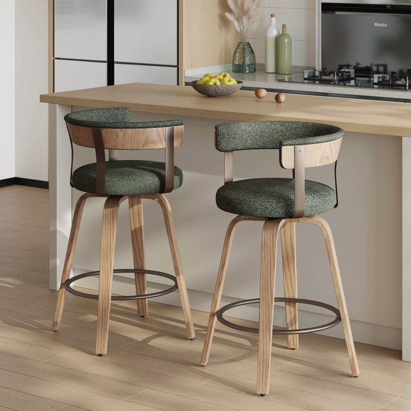 Tabouret de comptoir pivotant de 26 po avec dossier et pieds en bois cintré pour îlot de cuisine, Green Seat/Natural  Frame