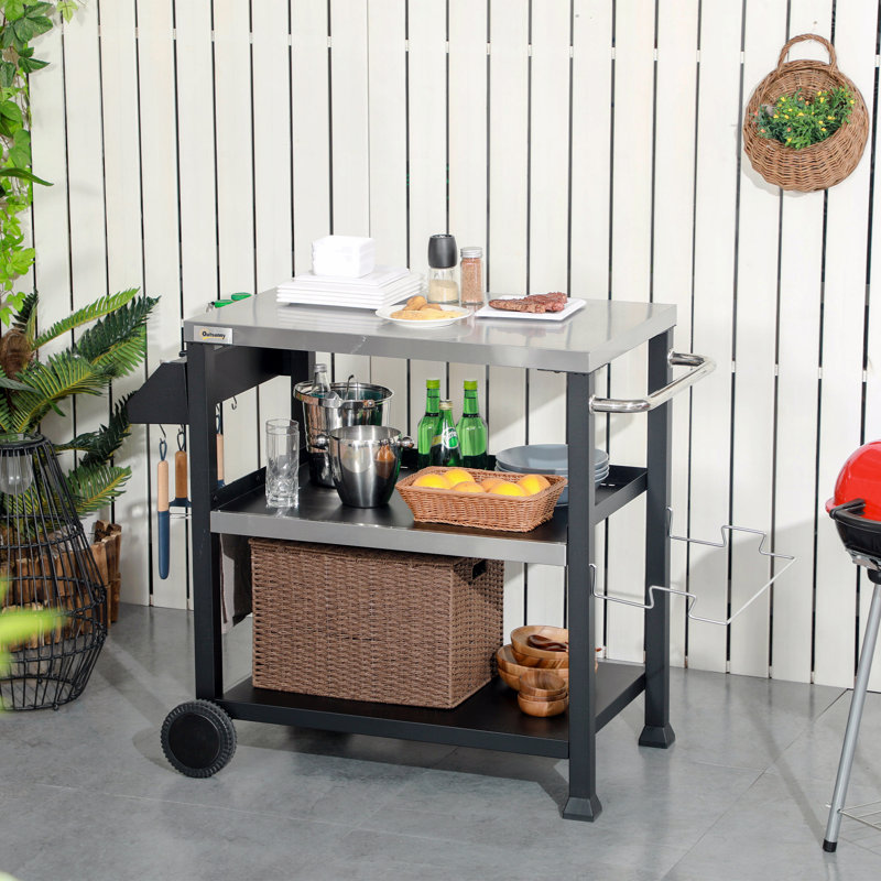 Three-Shelf Outdoor Grill Cart With Stainless Steel Tabletop, Side Handle, 32" X 20.5" Multifunctional Pizza Oven Stand, Movable Food Prep Table On Wheels