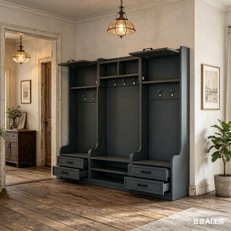Arbre de couloir détachable rétro bleu 4 en 1, 7 crochets avec armoire de rangement à tiroirs, banc pratique et magnifique pour chaussures.