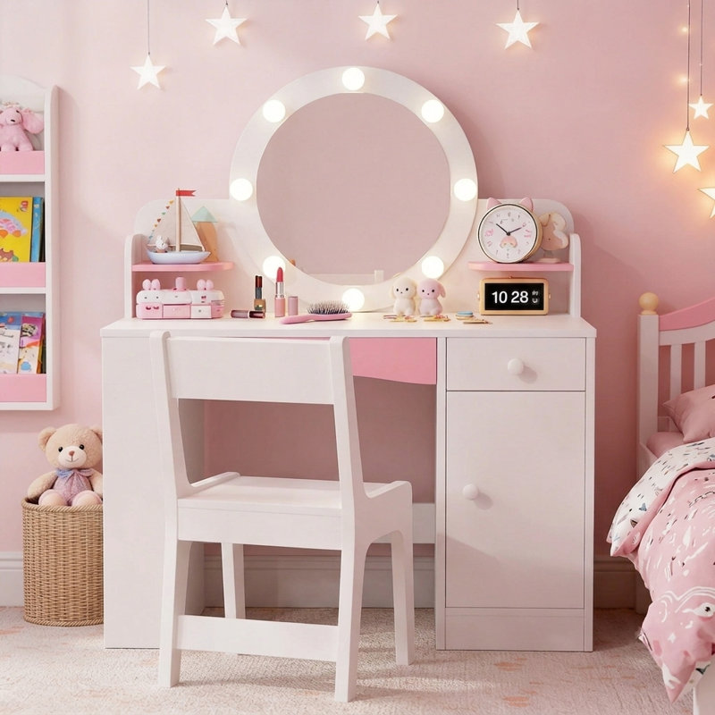 Bureau de coiffeuse pour enfants avec miroir à DEL et tabouret