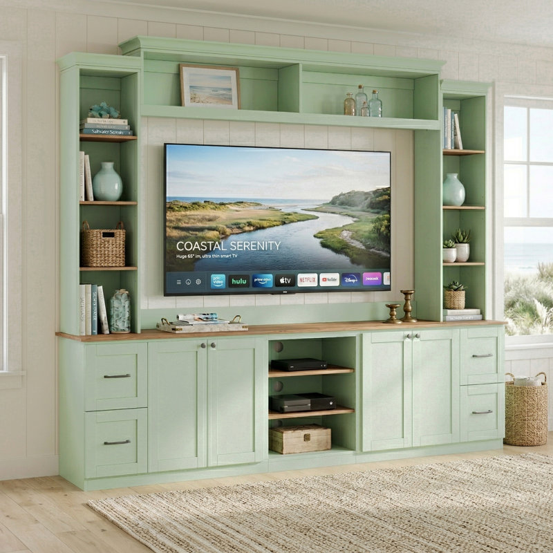 Meuble audio-vidéo Farmhouse de 95 po avec pont et bibliothèque, Vert