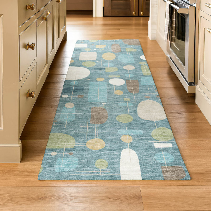 Premium Machine Washable Mayfield AMF2393 Geometric Rug, 2'3" x 7'6" Runner, Teal