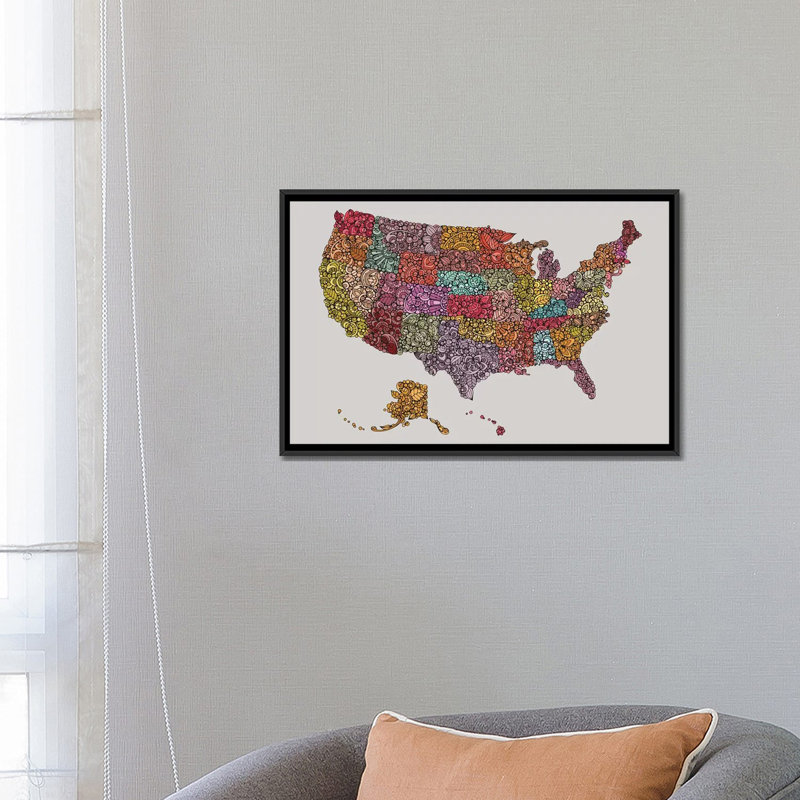 «US Map», impression sur toile, H 18 po x l 26 po x P 1,5 po, Toile avec cadre noir, Pas de tapis