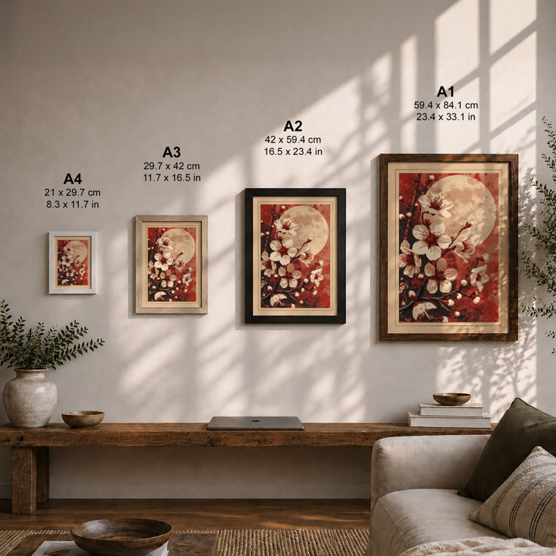 Moonlit Cherry Blossom Japandi - Framed Print, Walnut, A1 - 84.1 x 59.4 cm