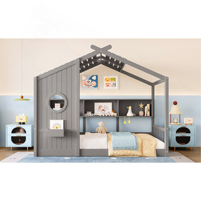 Floor House Bed For Toddler, Kids Montessori Bed  With Storage Shelf, Playhouse Bed With Roof Design