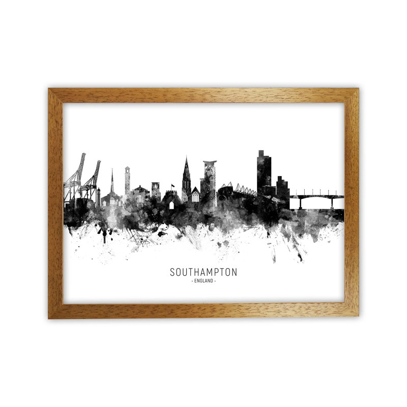 Southampton England Skyline Black White City Name by Michael Tompsett - Print, 46cm H x 63cm W x 3cm D, Brown Framed
