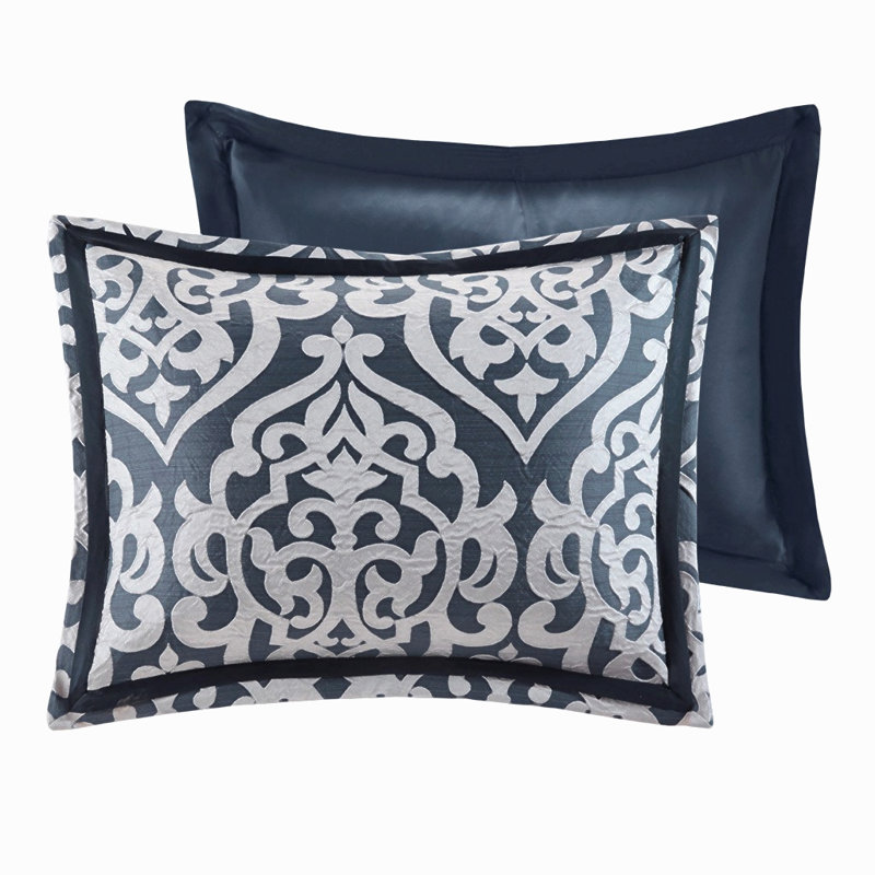 Ensemble d'édredon 8 pièces jacquard bleu marine / argent grand, Marine / Aargent, Édredon grand + 7 pièces supplémentaires