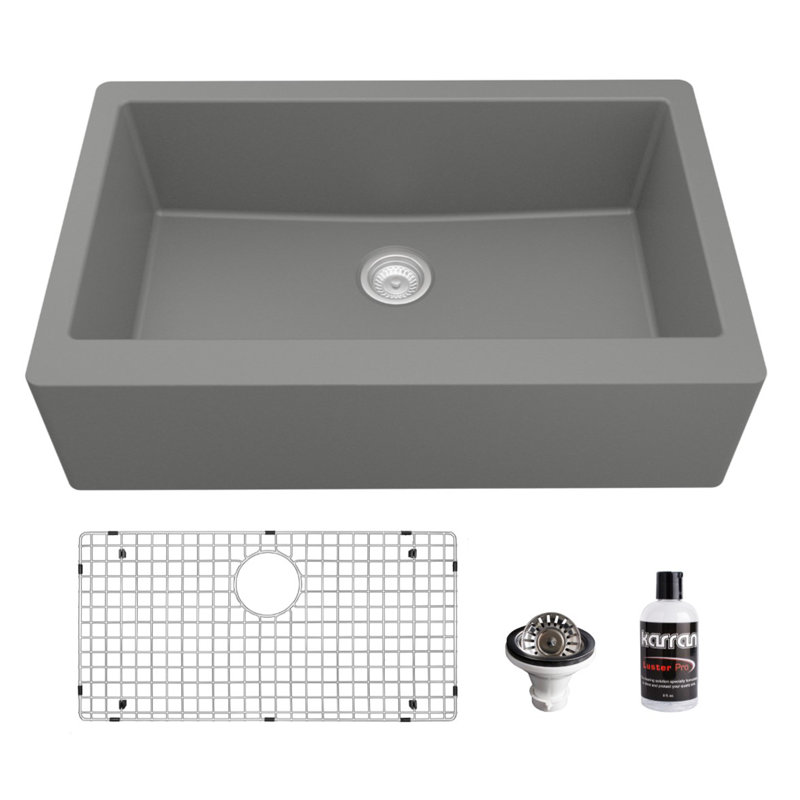 Karran Quartz 34'' X 21-1/4'' Single Bowl Farmhouse/Apron Front Kitchen Sink Kit, Gray