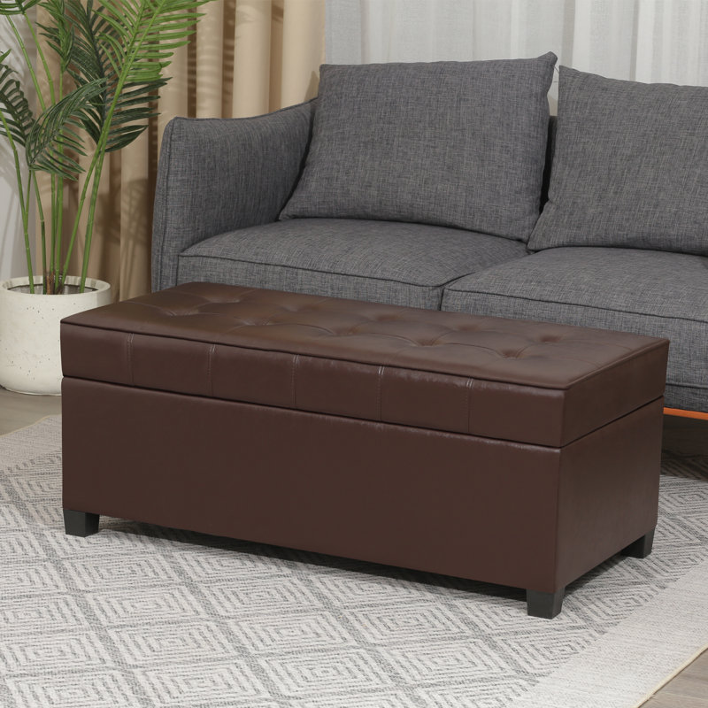 40" Faux Leather Storage Ottoman Bench With Tufted Button, Espresso