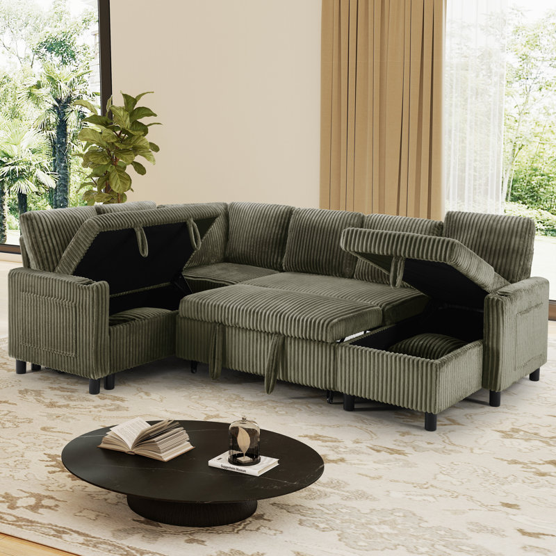 3 Piece U-Shaped Sectional Sofa Bed Pull Out Sleeper Couch With Storage Ottoman, Green Corduroy