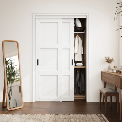 80" H White 3-Lite Paneled MDF Sliding Closet Door, Complete Hardware & Handles for Bedroom, Pantry & Room Divider