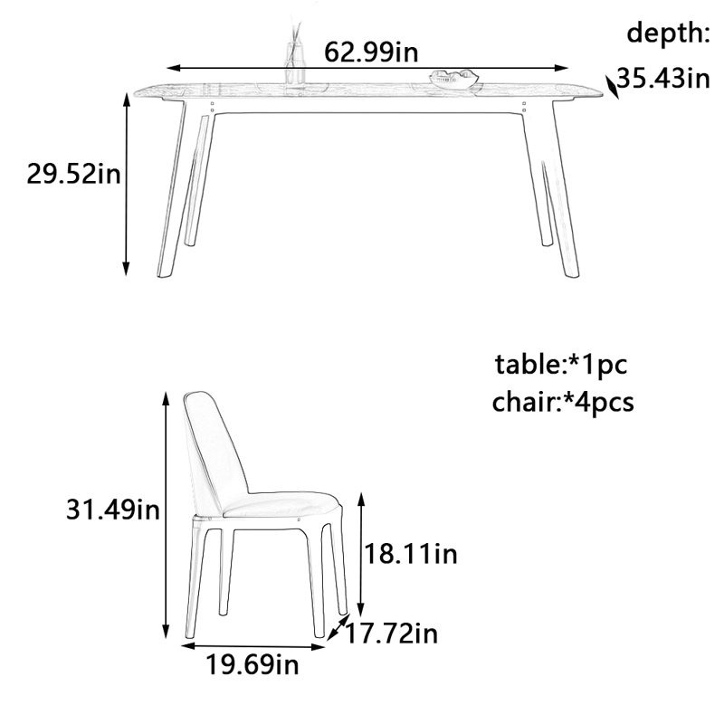 Modern light rock plate dining table and chair set, 29.52"H x 62.99"L x 35.43"W