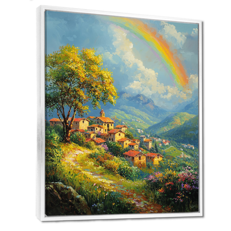 Rainbow Over The Hillside Village II - art mural arc-en-ciel, H 32 po x l 16 po, Reproduction avec cadre flottant, Blanc