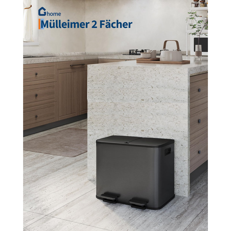 Dual Compartment Kitchen Trash Can – Stainless Steel Pedal Bin, 30L (2 x 15L), Step Bin, Soft-Close Lid, Removable Buckets, Foot Pedals, Waste Separation & Recycling, Hands-Free